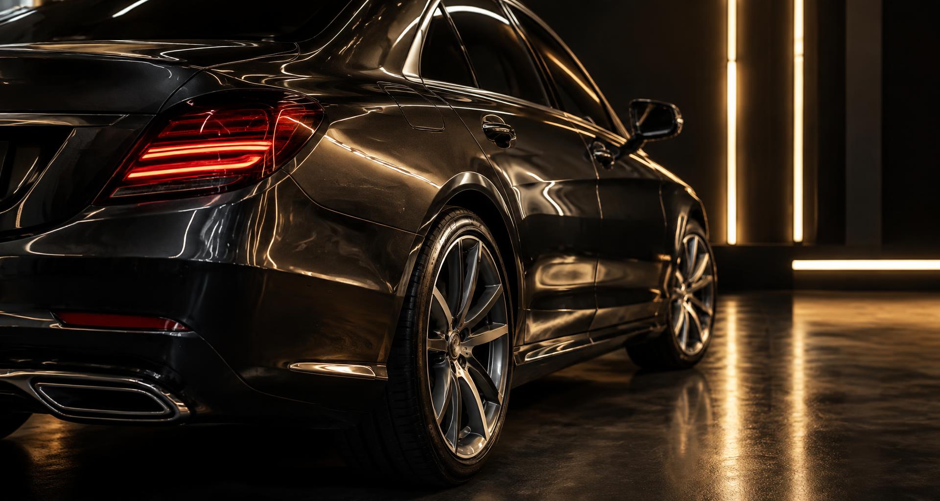 Freshly detailed dark saloon under warm inspection lights in the CKM studio