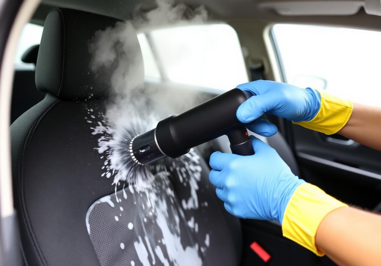A CKM Valet detailer wearing nitrile gloves performing hot-water extraction on a fabric car seat with visible steam inside the bright Donegal studio.
