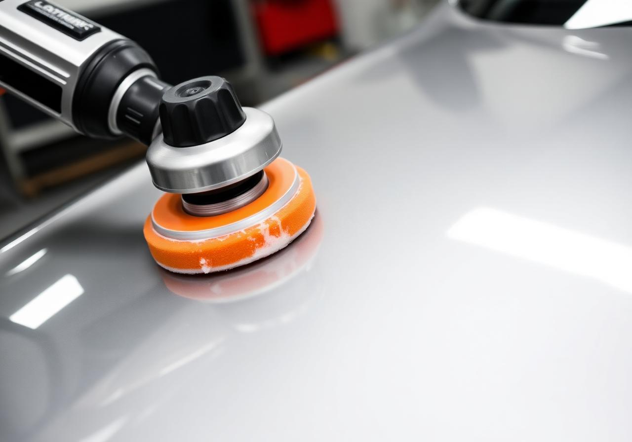 Dual-action machine polisher with an orange foam pad enhancing the gloss of a silver car bonnet inside the CKM Valet studio.