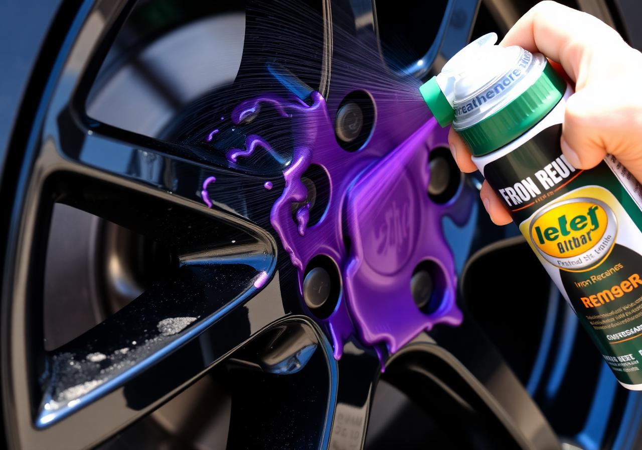 Close-up of iron-remover fallout product turning purple as it dissolves brake dust on a glossy black alloy wheel during a CKM Valet safe wash.